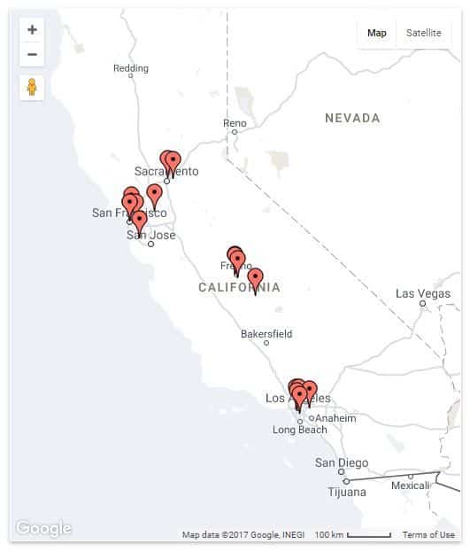 Map of California with cities marked