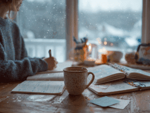 a person in cozy clothes journaling or setting goals at a kitchen table with a cup of coffee or tea nearby. A calendar, open notebook, and motivational post-it notes are visible. Outside the window, soft snow falls. The mood is peaceful, reflective, and focused on self-care and planning for the New Year. Natural lighting, soft focus, cinematic detail, photographic style aspect